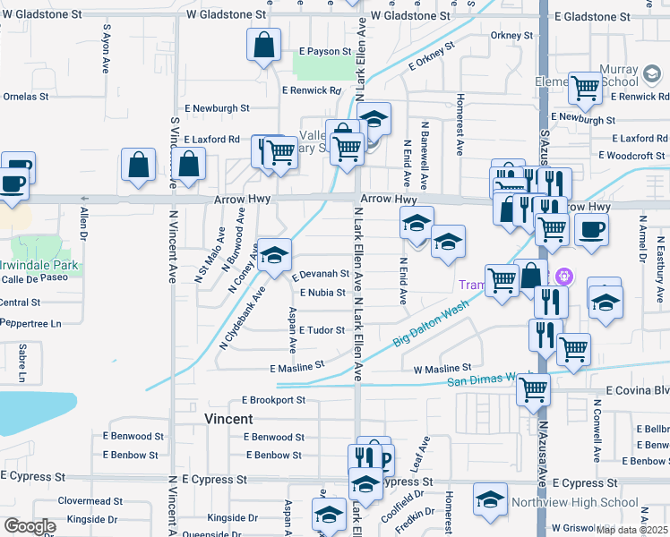 map of restaurants, bars, coffee shops, grocery stores, and more near 16831 East Devanah Street in Covina