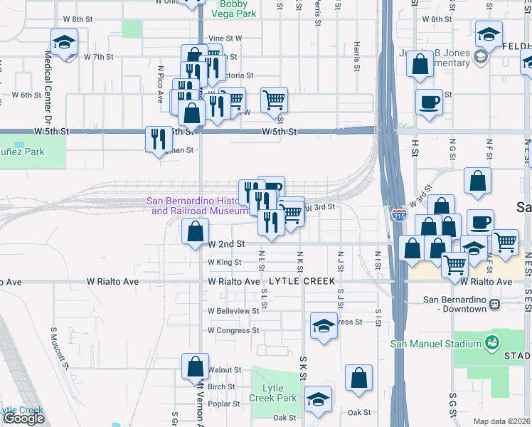 map of restaurants, bars, coffee shops, grocery stores, and more near 1170 West 3rd Street in San Bernardino