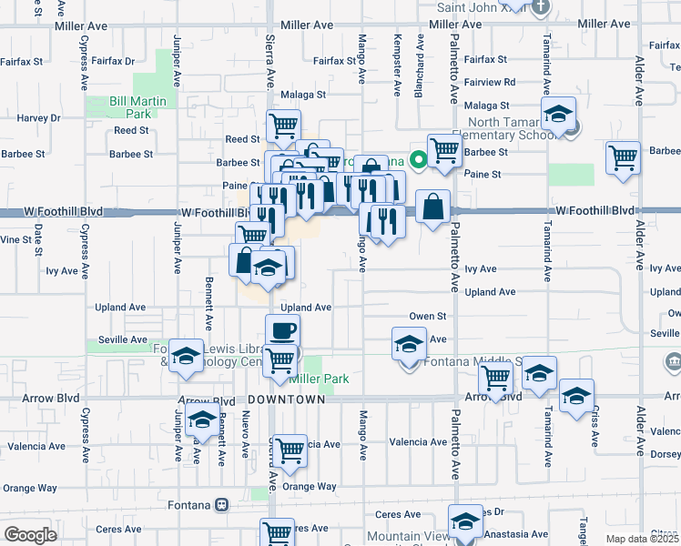 map of restaurants, bars, coffee shops, grocery stores, and more near 17053 Ivy Avenue in Fontana
