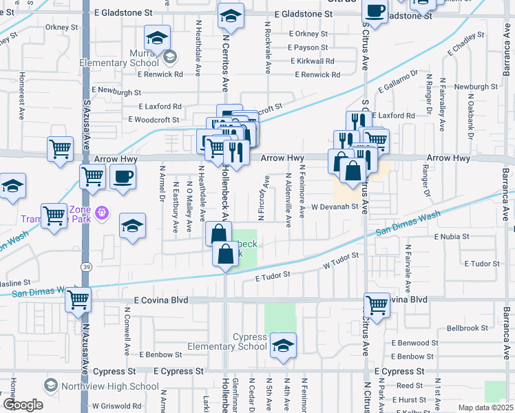 map of restaurants, bars, coffee shops, grocery stores, and more near 1359 North Fircroft Avenue in Covina