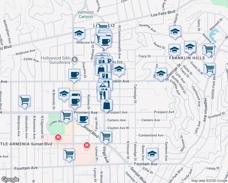 map of restaurants, bars, coffee shops, grocery stores, and more near 1801 North Commonwealth Avenue in Los Angeles