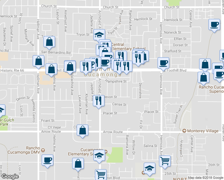 map of restaurants, bars, coffee shops, grocery stores, and more near 8232 Malven Avenue in Rancho Cucamonga