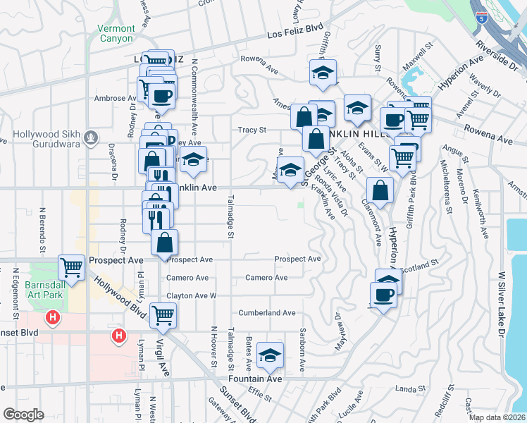 map of restaurants, bars, coffee shops, grocery stores, and more near 4208 Russell Avenue in Los Angeles
