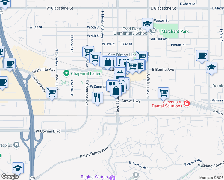 map of restaurants, bars, coffee shops, grocery stores, and more near 310 South Shirlmar Avenue in San Dimas
