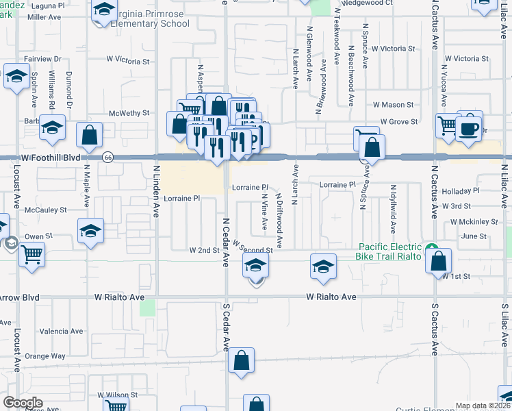 map of restaurants, bars, coffee shops, grocery stores, and more near 291 North Church Avenue in Rialto