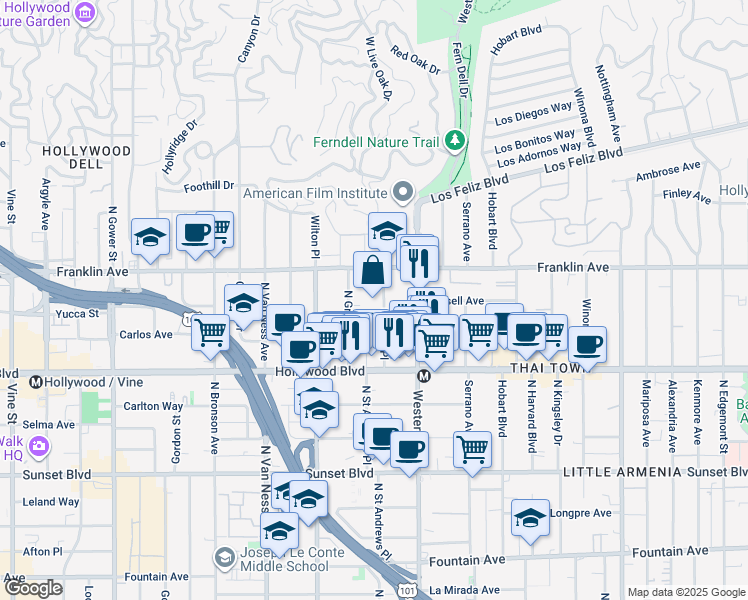 map of restaurants, bars, coffee shops, grocery stores, and more near 1827 Garfield Place in Los Angeles