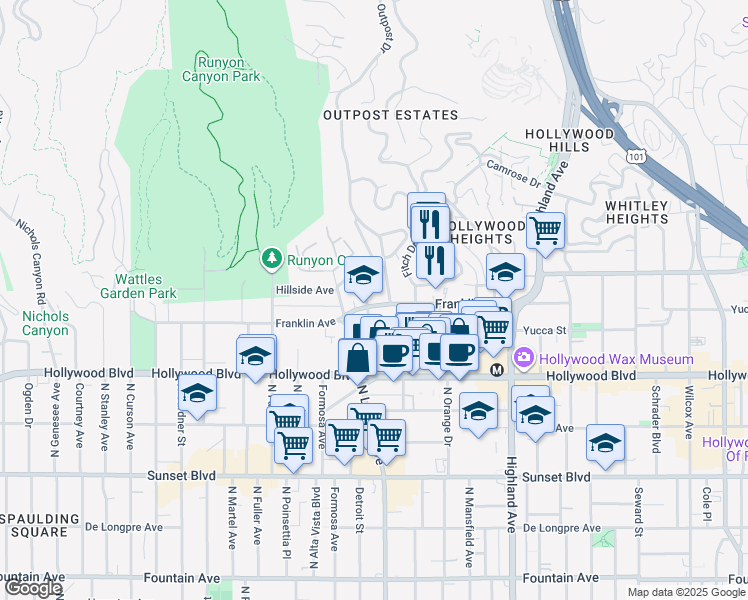 map of restaurants, bars, coffee shops, grocery stores, and more near 1800 El Cerrito Place in Los Angeles