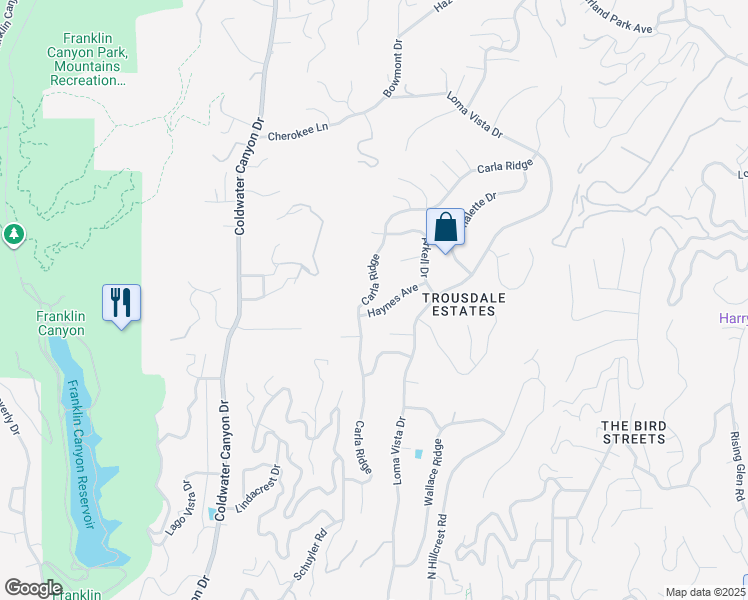 map of restaurants, bars, coffee shops, grocery stores, and more near 1610 Carla Ridge in Beverly Hills