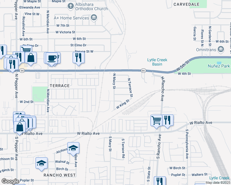 map of restaurants, bars, coffee shops, grocery stores, and more near 2297 Broadway Street in San Bernardino
