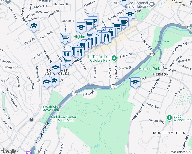 map of restaurants, bars, coffee shops, grocery stores, and more near 265 South Avenue 54 in Los Angeles