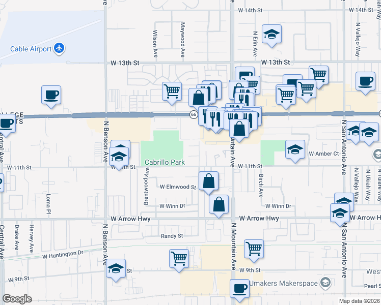 map of restaurants, bars, coffee shops, grocery stores, and more near 1328 Crofton Court in Upland