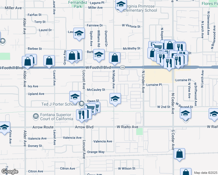 map of restaurants, bars, coffee shops, grocery stores, and more near 18252 McCauley Street in Fontana