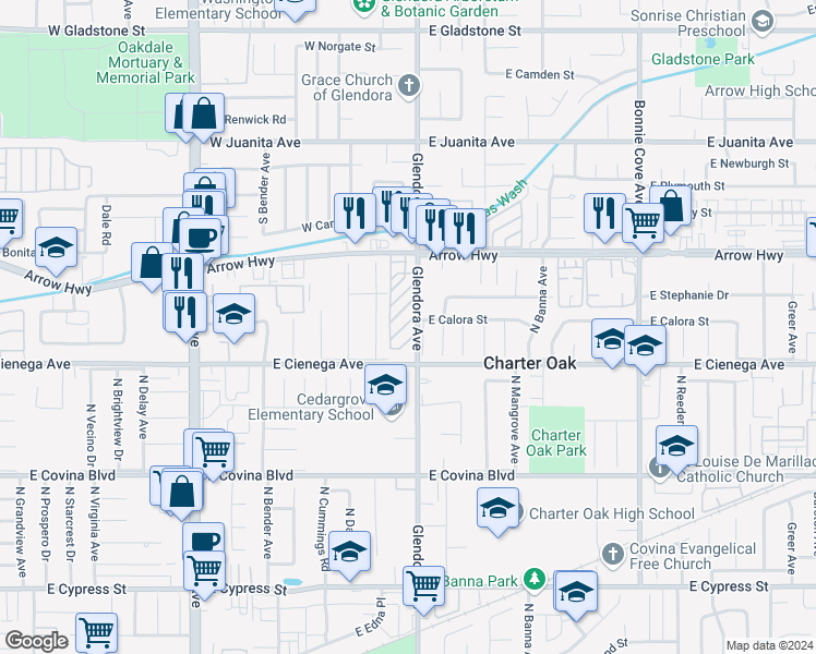 map of restaurants, bars, coffee shops, grocery stores, and more near 19850 Arrow Highway in Covina