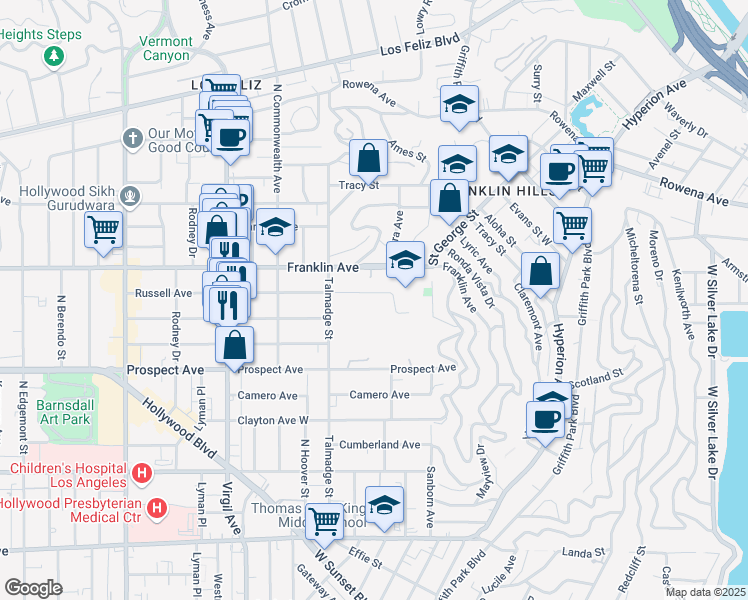 map of restaurants, bars, coffee shops, grocery stores, and more near 4208 Russell Avenue in Los Angeles
