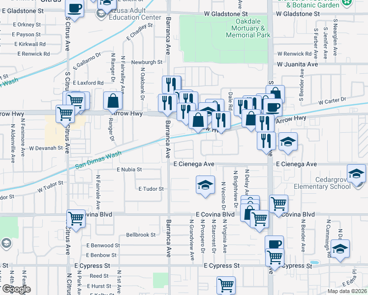 map of restaurants, bars, coffee shops, grocery stores, and more near 533 East Stephanie Drive in Covina
