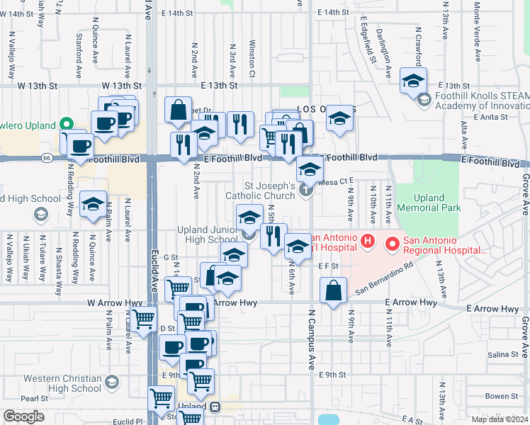 map of restaurants, bars, coffee shops, grocery stores, and more near 845 North 5th Avenue in Upland