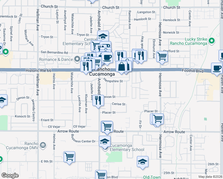 map of restaurants, bars, coffee shops, grocery stores, and more near 8255 Malven Avenue in Rancho Cucamonga