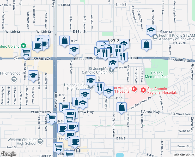 map of restaurants, bars, coffee shops, grocery stores, and more near 845 North 5th Avenue in Upland