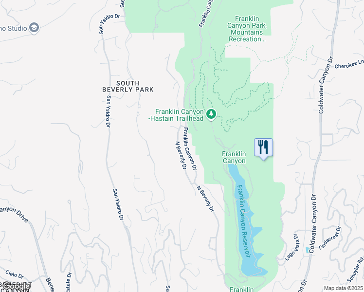 map of restaurants, bars, coffee shops, grocery stores, and more near 1833 Franklin Canyon Drive in Beverly Hills