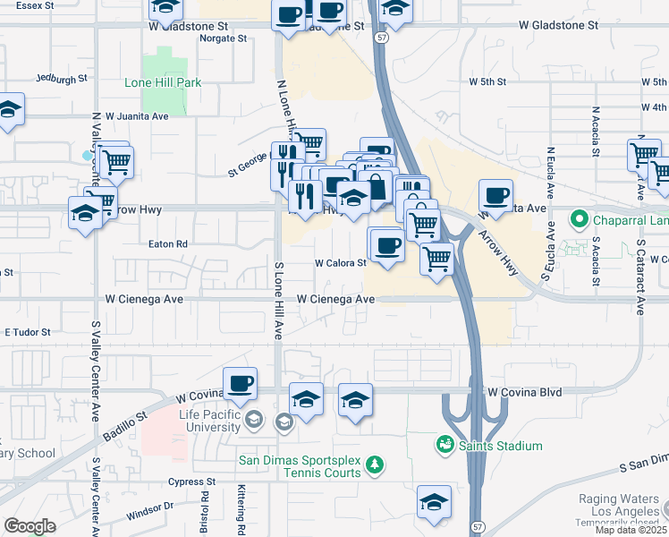 map of restaurants, bars, coffee shops, grocery stores, and more near 940 West Calora Street in San Dimas