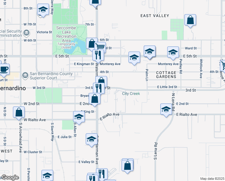 map of restaurants, bars, coffee shops, grocery stores, and more near 395 East 3rd Street in San Bernardino