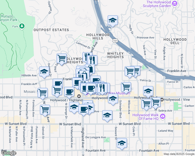 map of restaurants, bars, coffee shops, grocery stores, and more near 1807 North Las Palmas Avenue in Los Angeles