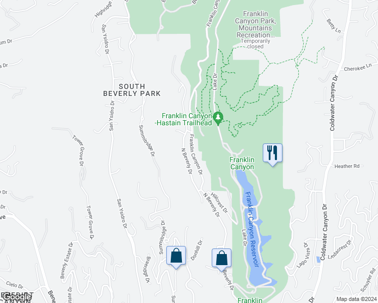 map of restaurants, bars, coffee shops, grocery stores, and more near 1833 Franklin Canyon Drive in Beverly Hills