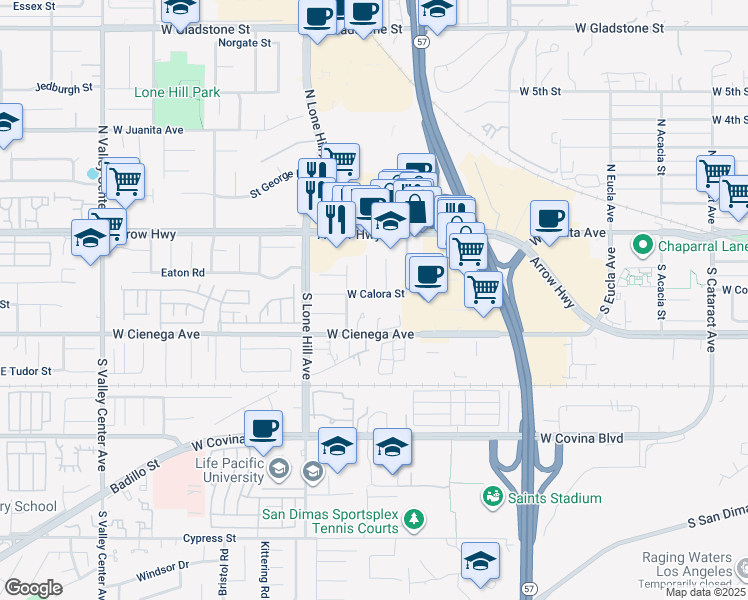 map of restaurants, bars, coffee shops, grocery stores, and more near 934 West Calora Street in San Dimas