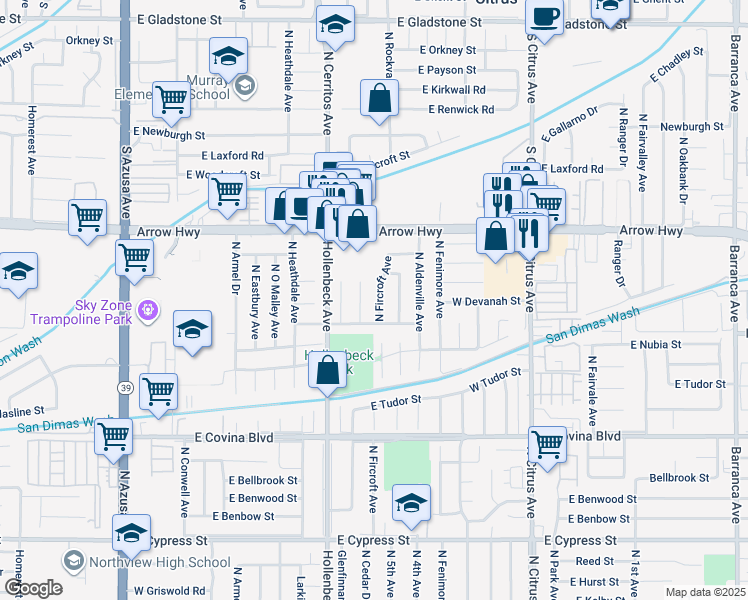 map of restaurants, bars, coffee shops, grocery stores, and more near 1359 North Fircroft Avenue in Covina