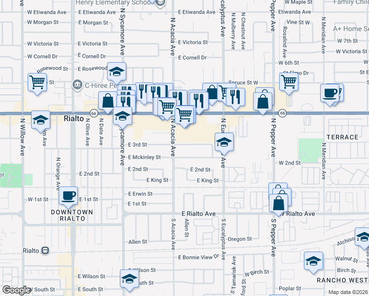 map of restaurants, bars, coffee shops, grocery stores, and more near 525 East 3rd Street in Rialto