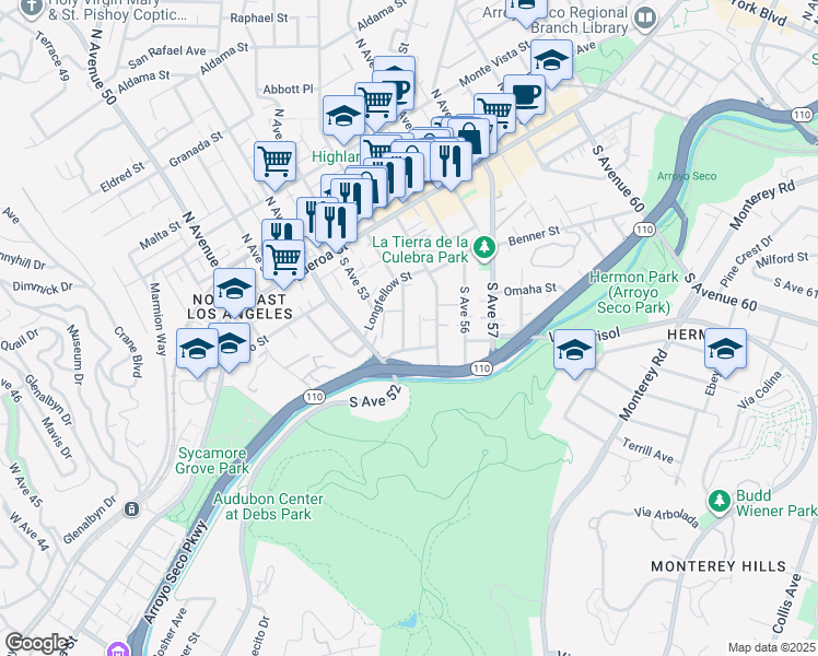 map of restaurants, bars, coffee shops, grocery stores, and more near 257 North Avenue 54 in Los Angeles