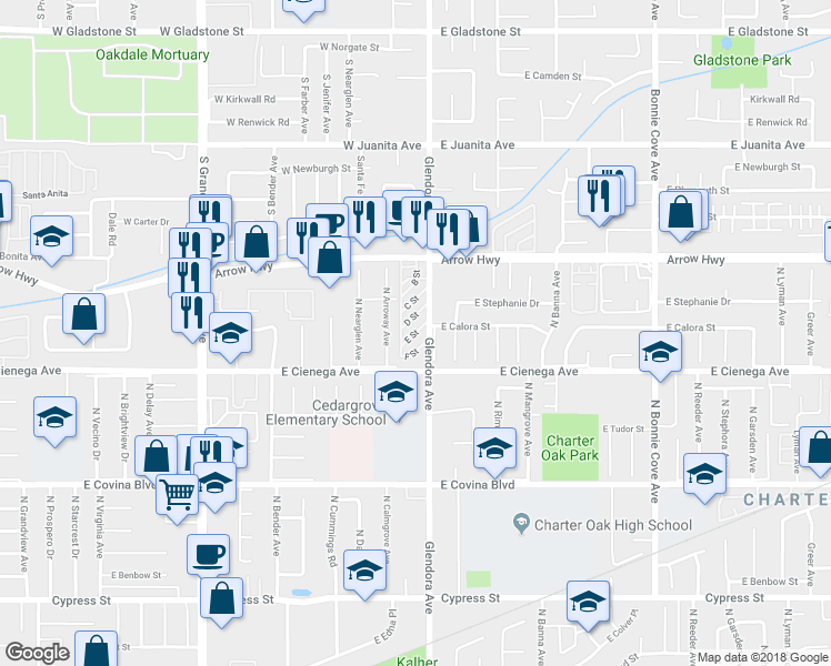 map of restaurants, bars, coffee shops, grocery stores, and more near E Street in Covina