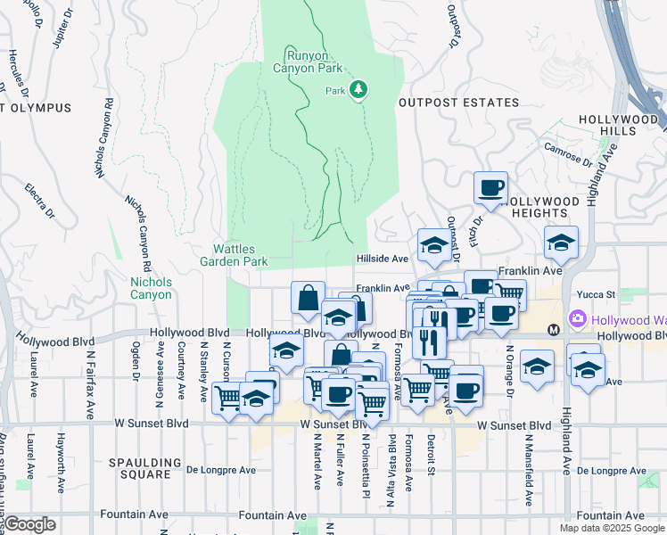 map of restaurants, bars, coffee shops, grocery stores, and more near 1822 Camino Palmero Street in Los Angeles