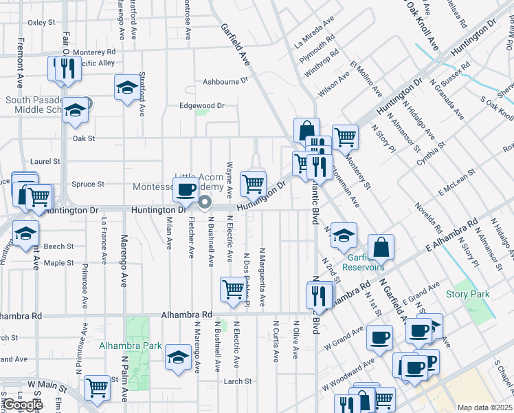 map of restaurants, bars, coffee shops, grocery stores, and more near 2019 Huntington Drive in South Pasadena