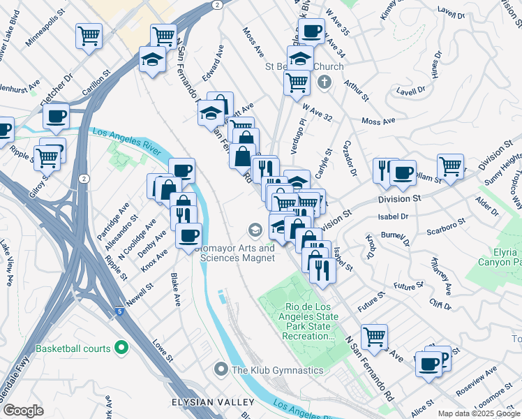 map of restaurants, bars, coffee shops, grocery stores, and more near 2244 North San Fernando Road in Los Angeles