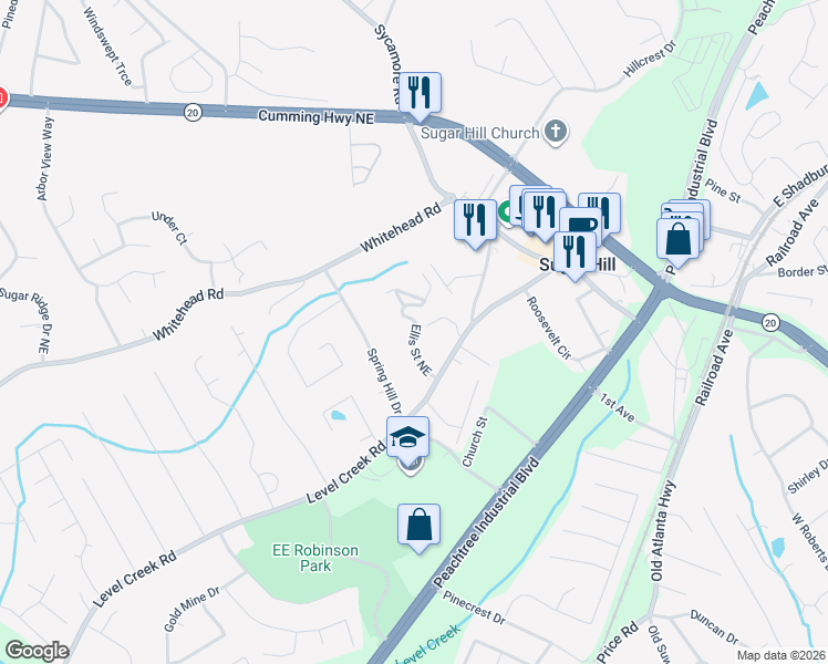 map of restaurants, bars, coffee shops, grocery stores, and more near 1022 Level Creek Road in Buford