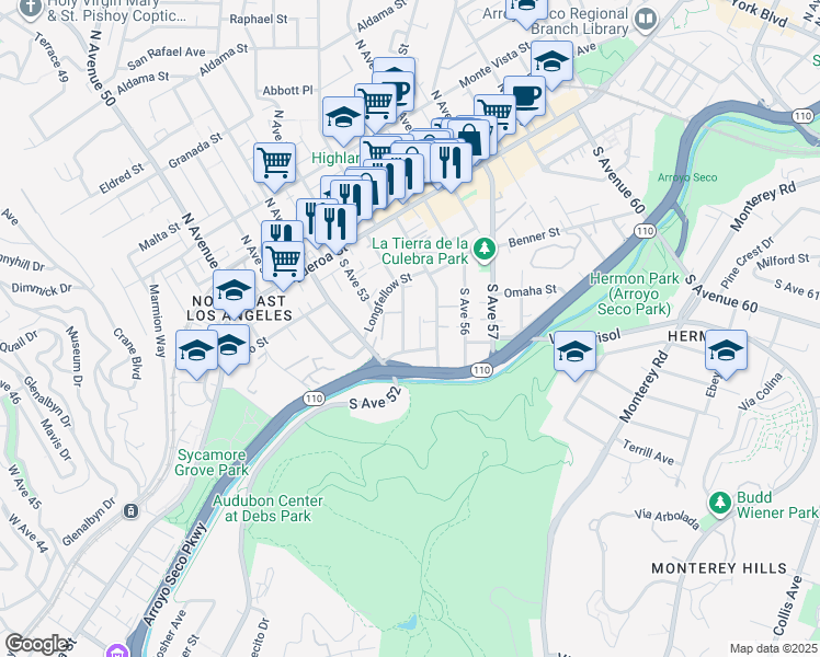map of restaurants, bars, coffee shops, grocery stores, and more near 259 South Avenue 54 in Los Angeles