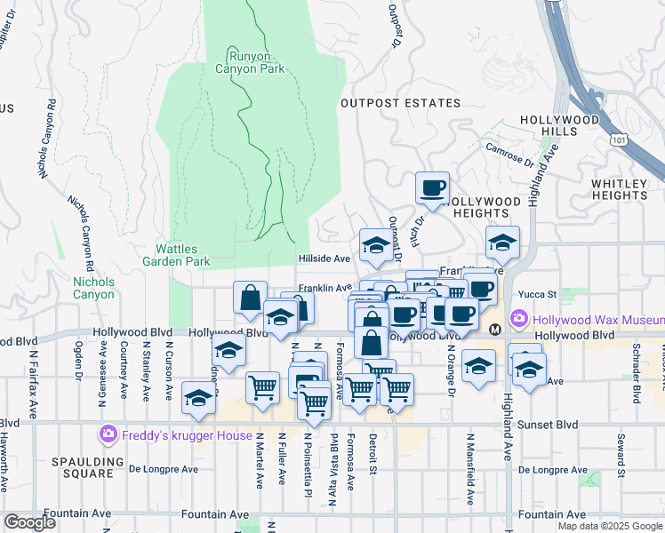 map of restaurants, bars, coffee shops, grocery stores, and more near 7224 Hillside Avenue in Los Angeles