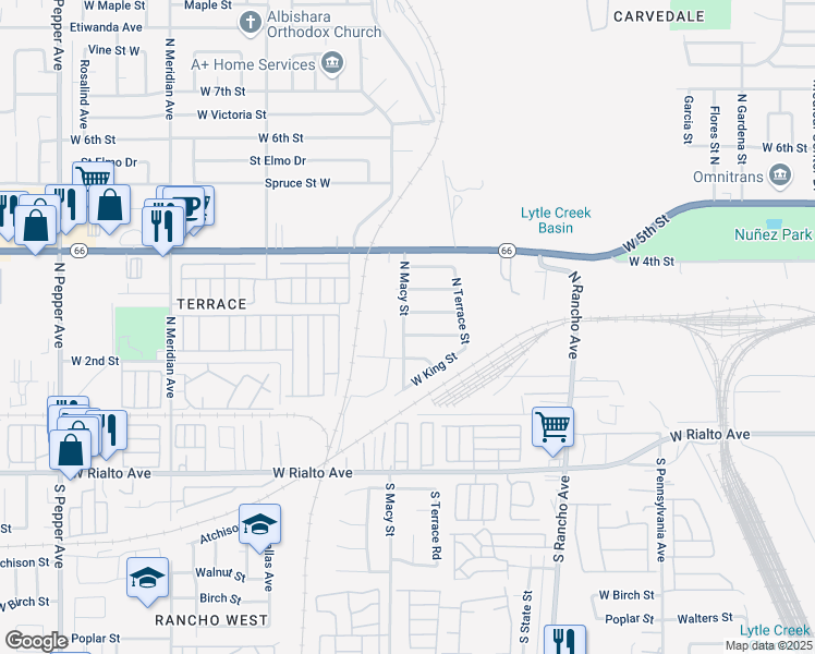 map of restaurants, bars, coffee shops, grocery stores, and more near 2297 Broadway Street in San Bernardino