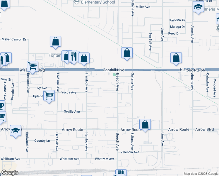 map of restaurants, bars, coffee shops, grocery stores, and more near 8244 Beech Avenue in Fontana
