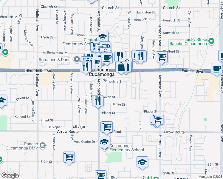 map of restaurants, bars, coffee shops, grocery stores, and more near 8255 Malven Avenue in Rancho Cucamonga
