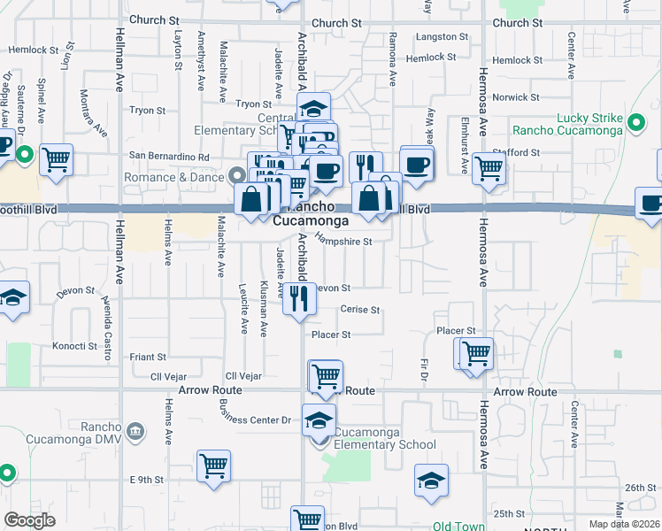 map of restaurants, bars, coffee shops, grocery stores, and more near 8256 Burgundy Avenue in Rancho Cucamonga