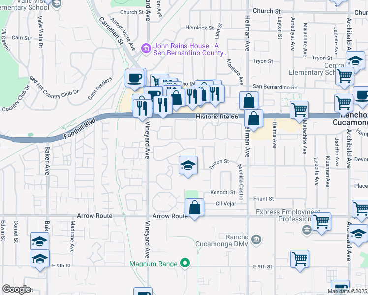 map of restaurants, bars, coffee shops, grocery stores, and more near 8255 Vineyard Avenue in Rancho Cucamonga