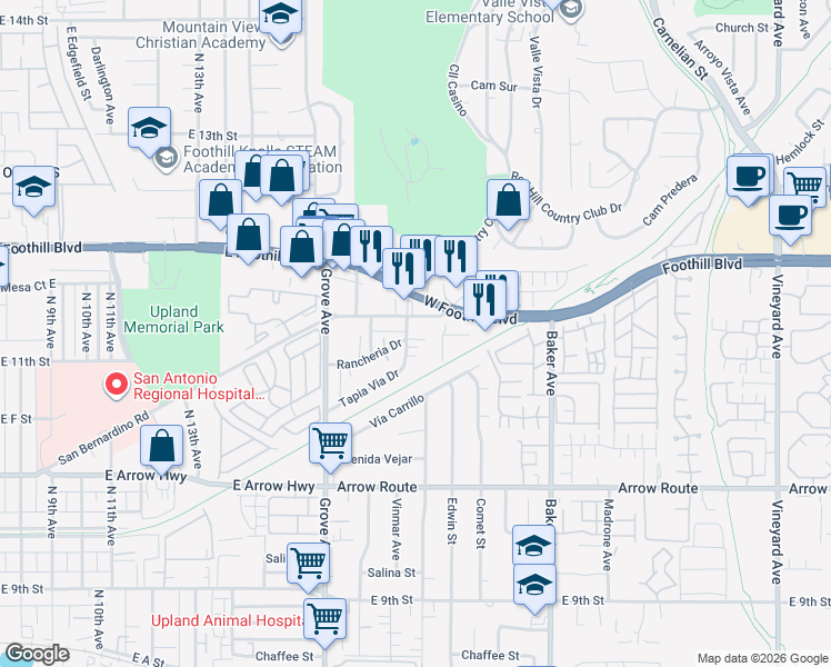 map of restaurants, bars, coffee shops, grocery stores, and more near 8279 Tapia Via Drive in Rancho Cucamonga