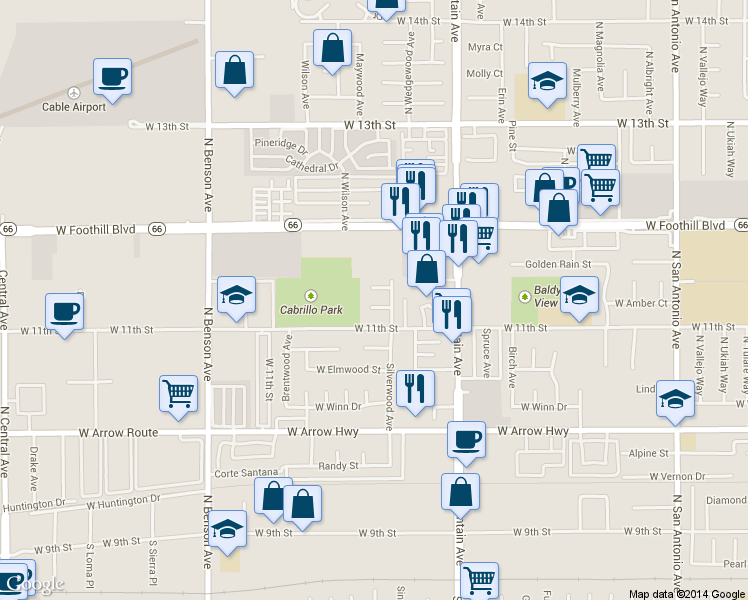 map of restaurants, bars, coffee shops, grocery stores, and more near 1328 Crofton Court in Upland