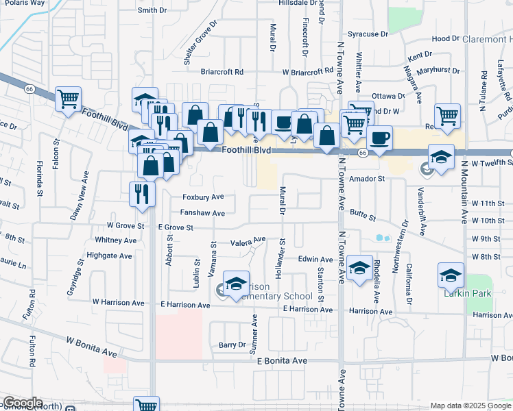 map of restaurants, bars, coffee shops, grocery stores, and more near 404 Foxpark Drive in Pomona