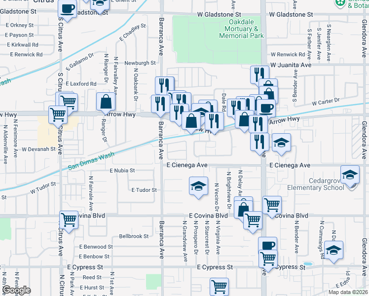 map of restaurants, bars, coffee shops, grocery stores, and more near 702 Arrow Grand Circle in Covina