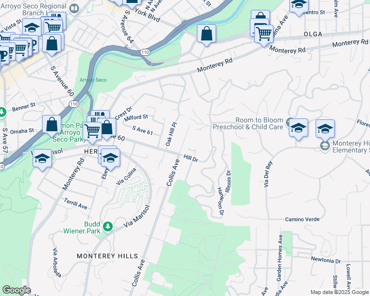 map of restaurants, bars, coffee shops, grocery stores, and more near 1907 Hill Drive in South Pasadena