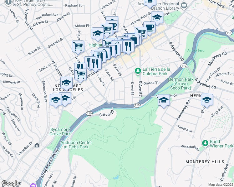 map of restaurants, bars, coffee shops, grocery stores, and more near 265 South Avenue 54 in Los Angeles