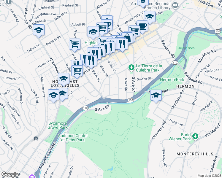 map of restaurants, bars, coffee shops, grocery stores, and more near 265 South Avenue 54 in Los Angeles
